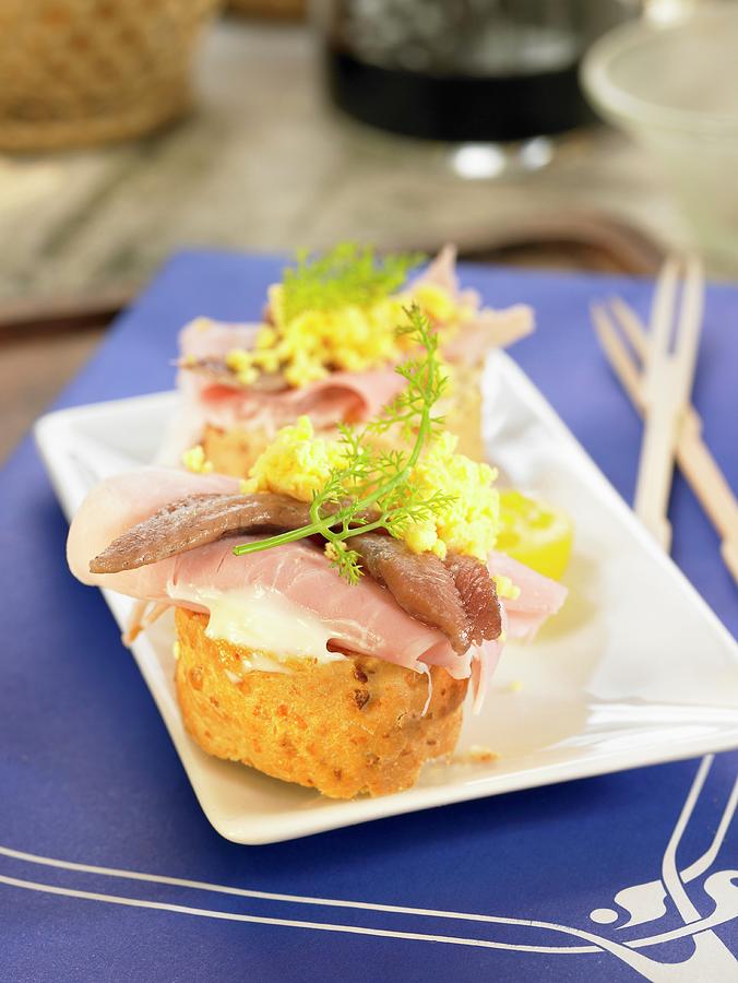 York Ham, Egg And Anchovy Open Sandwich Photograph by Lawton