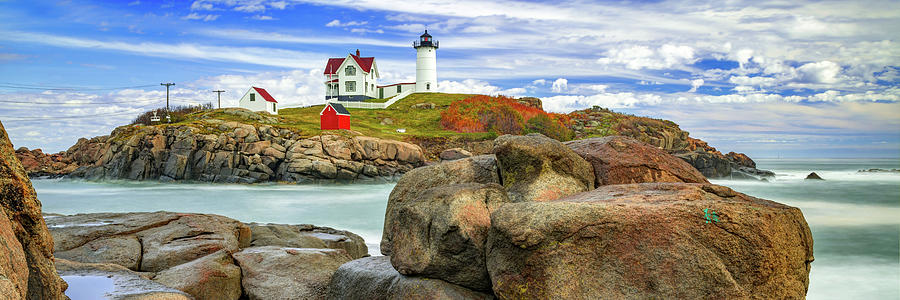 York Maine Cape Neddick Lighthouse - Nubble Light Panorama Photograph by Gregory Ballos