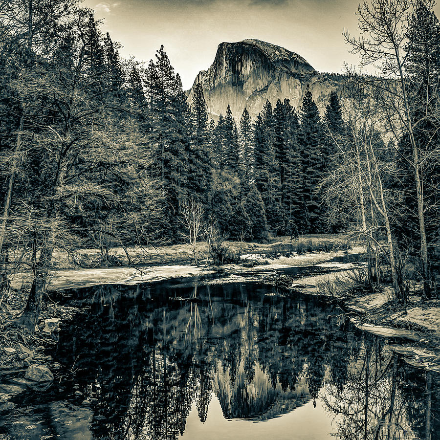 Yosemite Half Dome Mountain Landscape Reflections In Sepia 1x1 Photograph