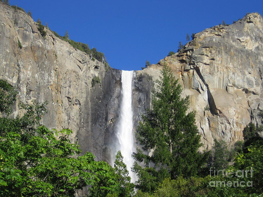 Yosemite National Park Bridal Veil Falls Waterfall Close Up View with Clear Blue Sky Photograph by John Shiron