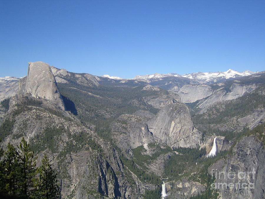 Yosemite National Park Half Dome Twin Waterfalls Snow Capped Mountains Clear Blue Sky Photograph by John Shiron