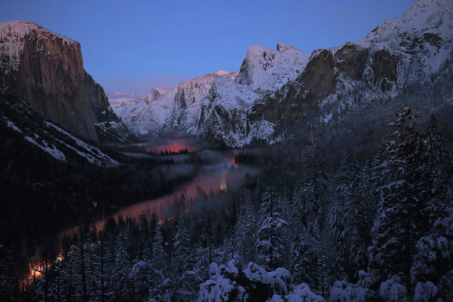 Yosemite Valley night lights at dusk from Tunnel View in winter. Photograph by Jetson Nguyen
