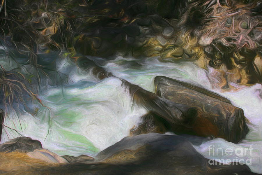 Yosemite Waterfall flows Paint California  Digital Art by Chuck Kuhn