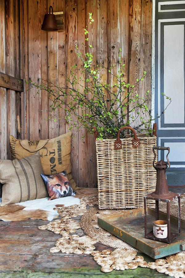 Young Birch Twigs In Wicker Basket On Rope Rug And Printed Cushions On Animal Skin Rug Photograph by Annette Nordstrom