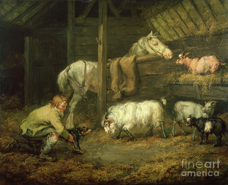 Young Boy And His Dog In A Stable With A Horse And Sheep Painting by James Ward