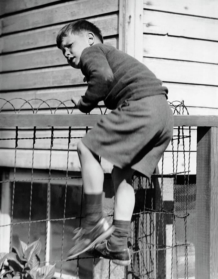 Young Boy Climbing Fence Photograph by George Marks