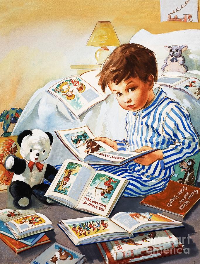 Young Boy Reading Story Books Painting by English School