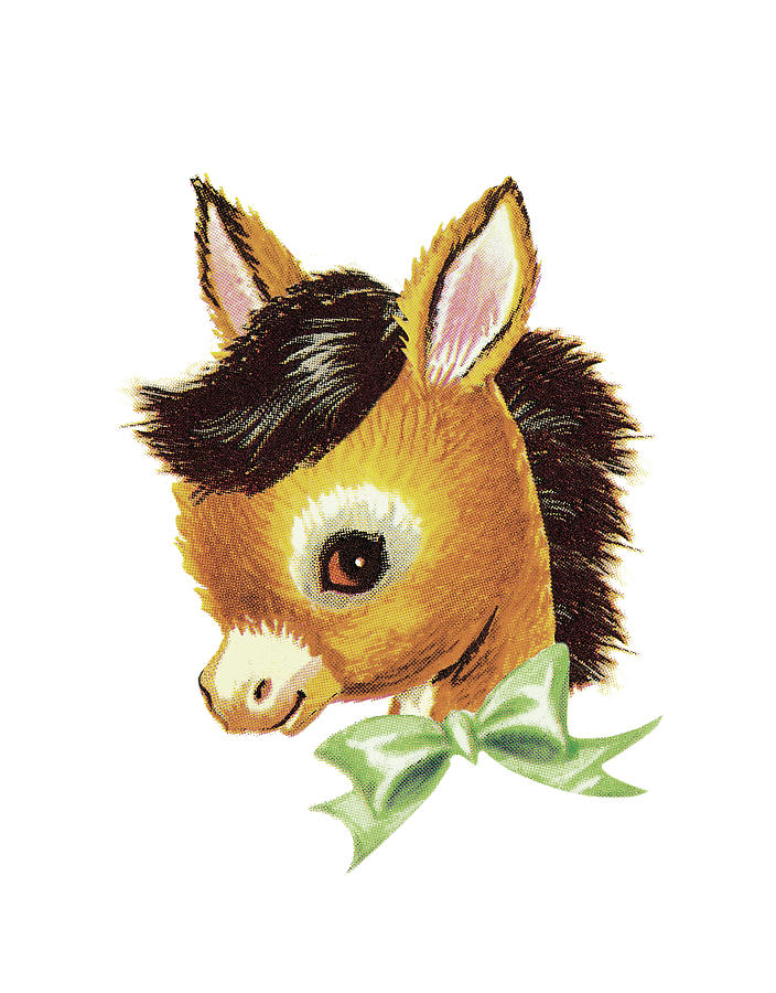 Vintage Drawing - Young Donkey Wearing Green Bow by CSA Images