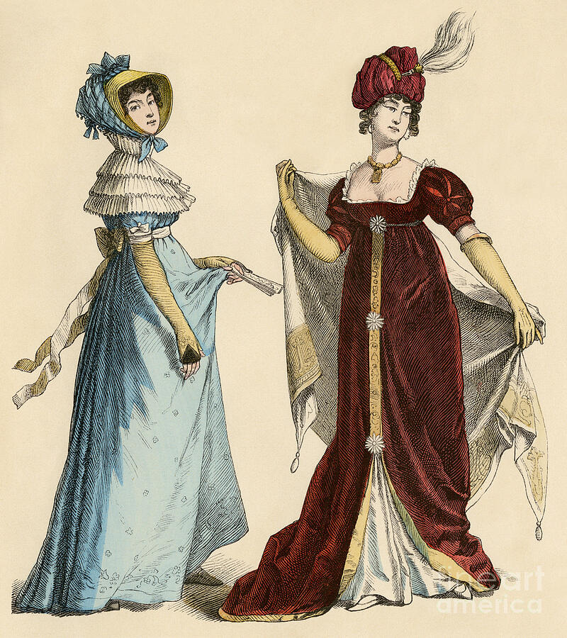 Vintage Drawing - Young European Women In Fashion Beginning 19th Century - Fashionable European Ladies Of The Early 19th Century Antique Hand-colored Print by American School
