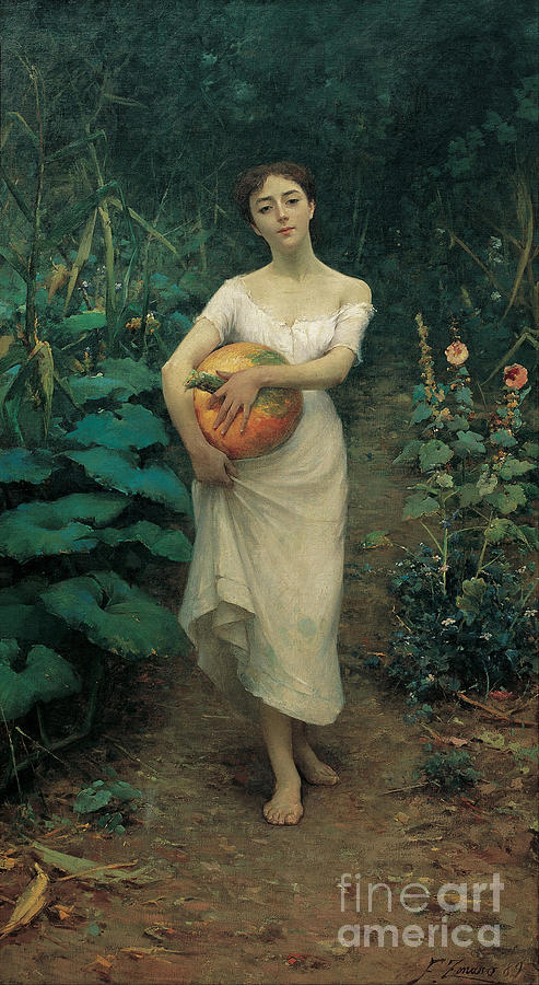 Young Girl Carrying A Pumpkin. Artist Drawing by Heritage Images
