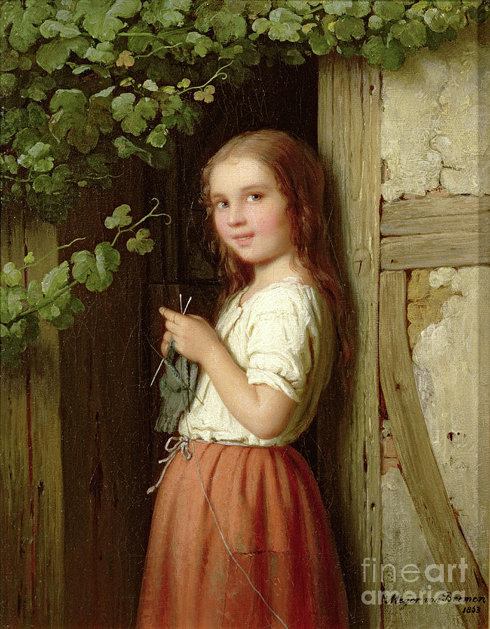 Young Girl Standing In A Doorway Knitting, 1863 Painting by Meyer Von Bremen