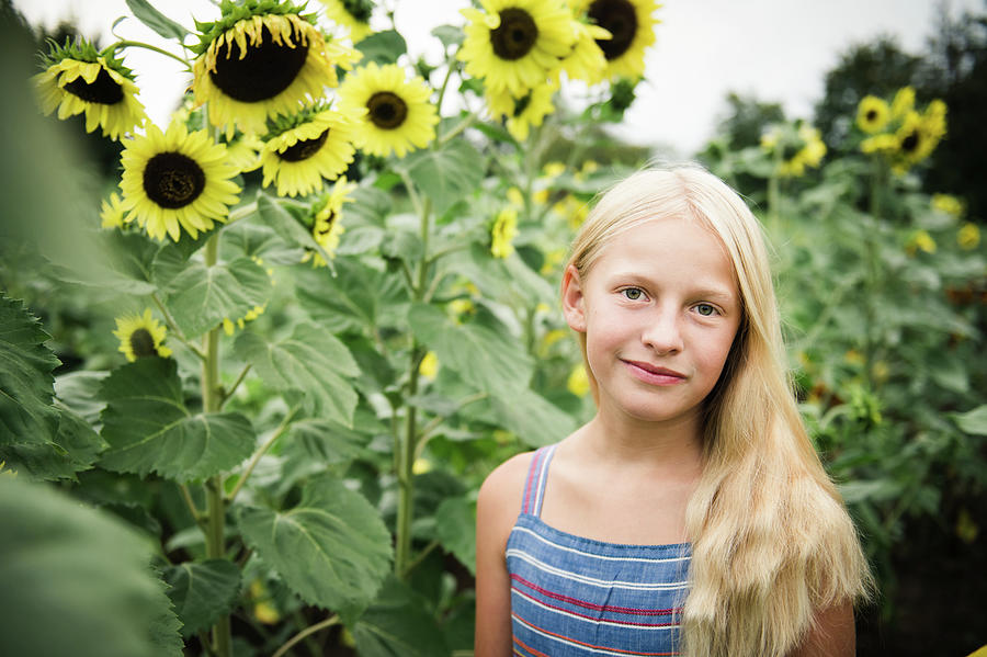 Young Girl Standing In Sunflower Field Next To Tall Yellow Sunflowers Photograph By Cavan Images 