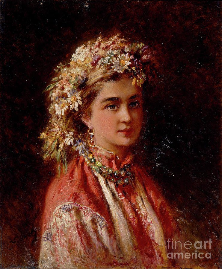 Young Girl With Flower Garland. Artist Drawing by Heritage Images