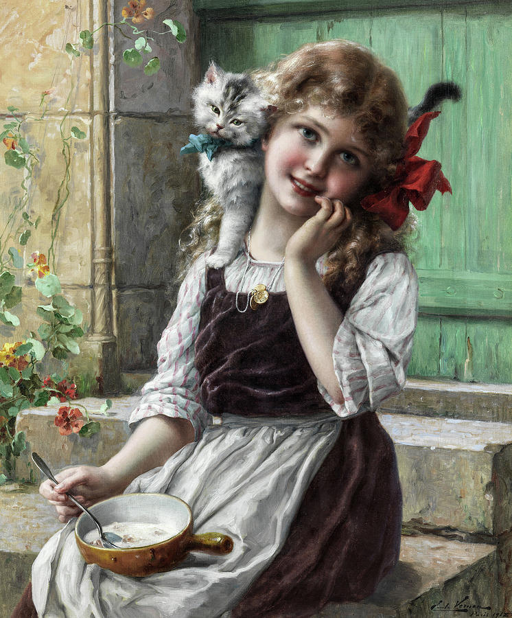 Emile Vernon Painting - Young Girl with Kitten by Emile Vernon
