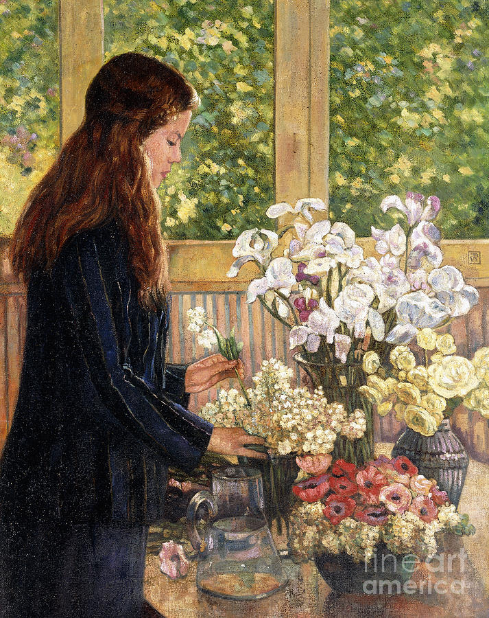 Theo Van Rysselberghe Painting - Young Girl with Vases of Flowers by Theo van Rysselberghe