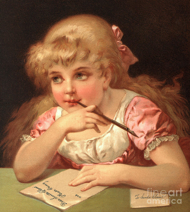 Young girl writing a letter to Santa Claus  Painting by American School
