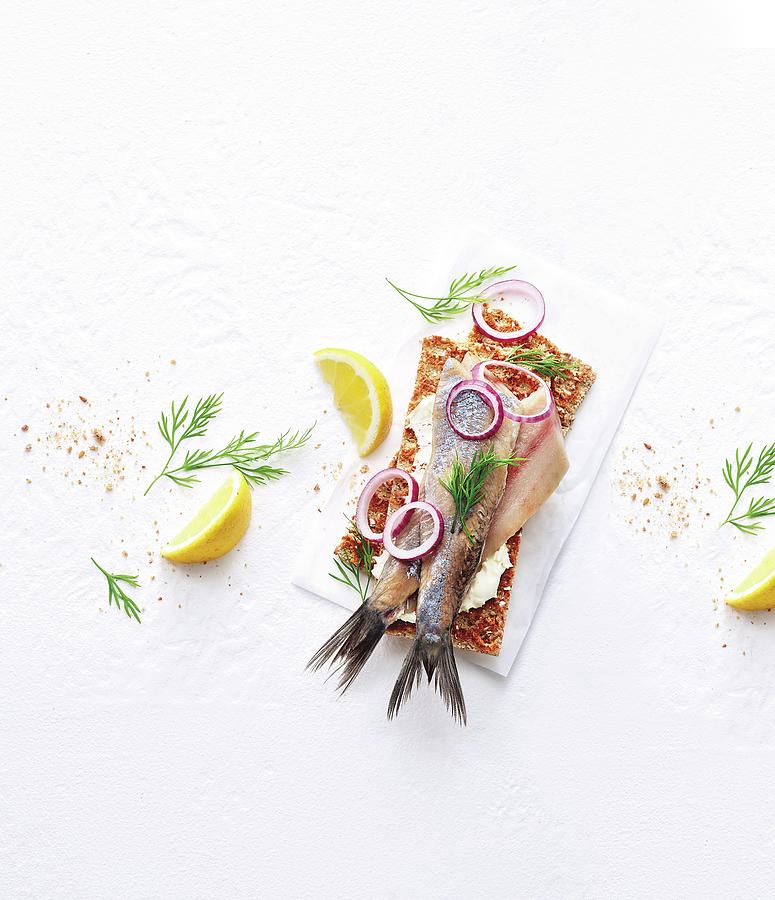 Young Herrings On Crispbread With Onion Rings, Dill And Lemon Photograph by Jalag / Mathias Neubauer