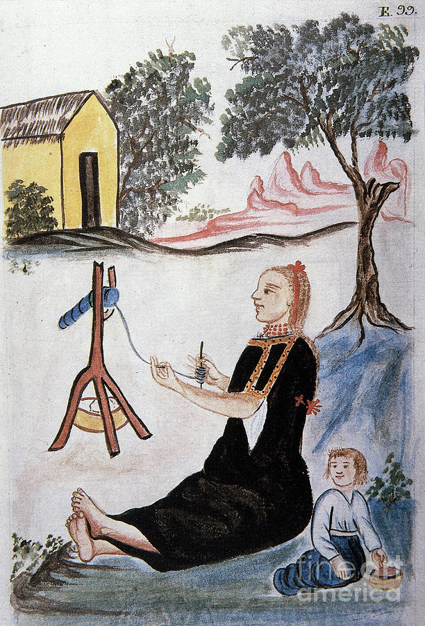 Young Indian Woman Spinning Wool, From The Book trujillo Del Peru Or códice Martínez Compañón, By Baltazar Martinez Compañón Y Bujanda, Bishop Of Trujillo Painting by Unknown Artist