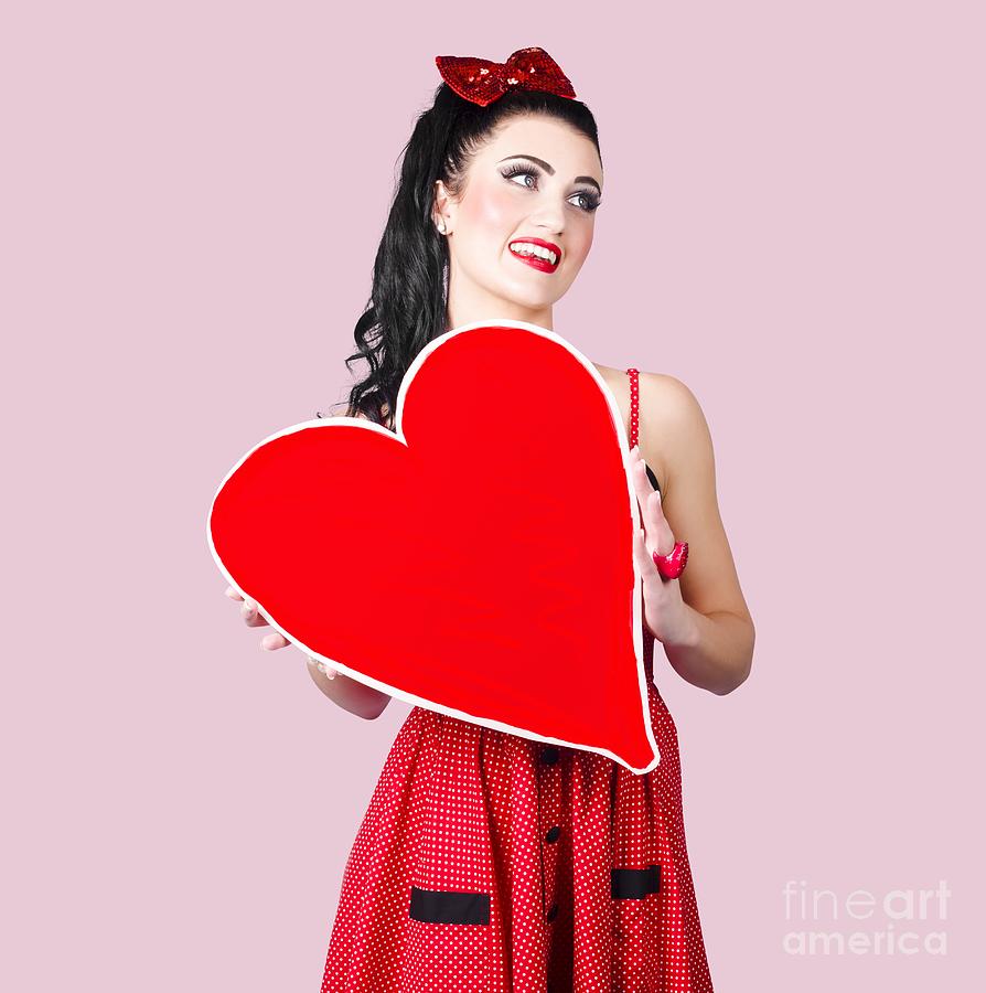 Young Lady  Holding  Retro Red Heart  Card Photograph by 