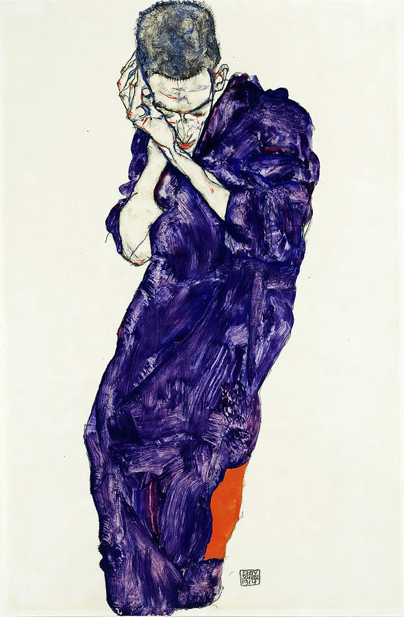 Young Man In Purple Robe With Clasped Hands Painting by Egon Schiele