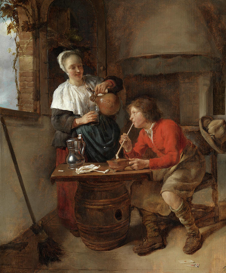 Gabriel Metsu Painting - Young Man Smoking And A Woman Pouring Beer by Gabriel Metsu Gabriel Metsu Painting - Young Man Smoking And A Woman Pouring Beer by Gabriel Metsu