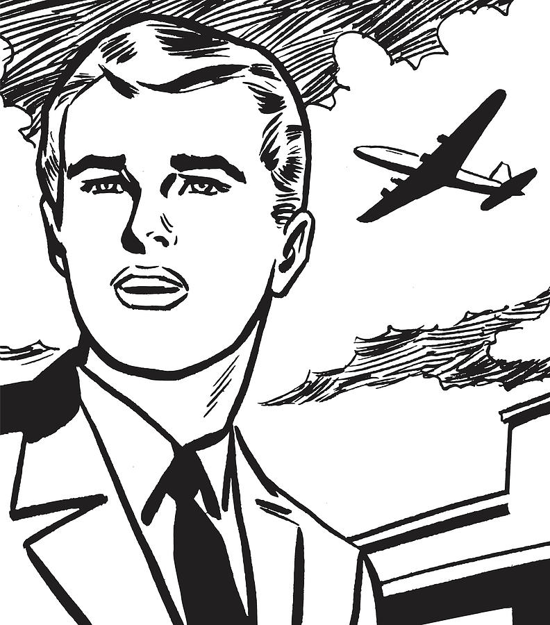 Young Man With Airplane Flying Overhead Drawing By Csa Images - Fine 