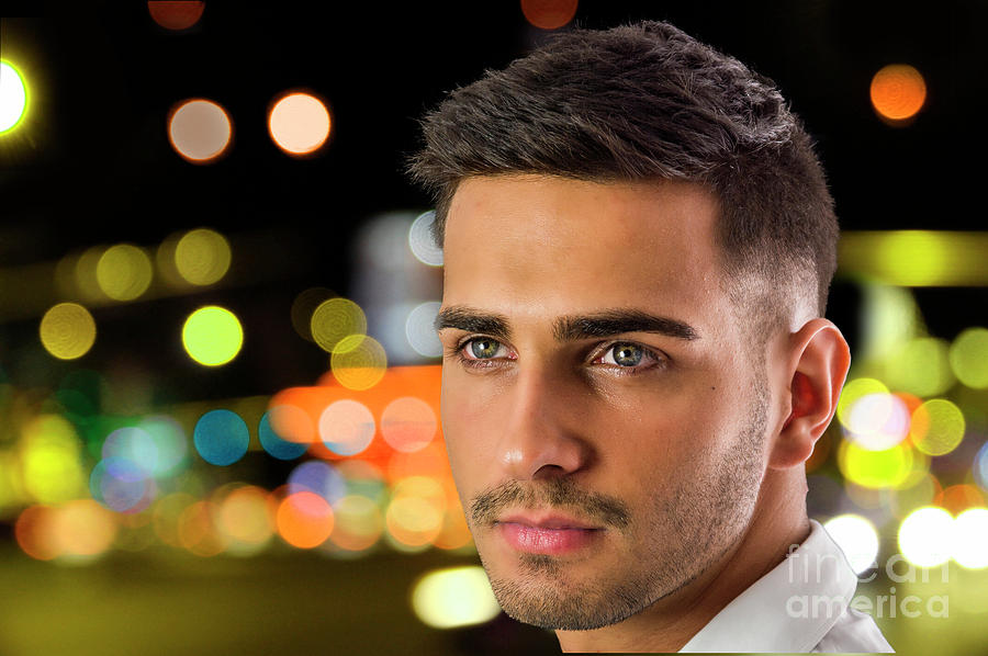 Young Mans Headshot In City At Night Photograph