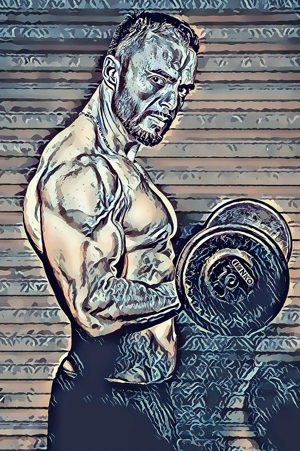 Young muscular man lifting a dumbbell  Painting by Jeelan Clark