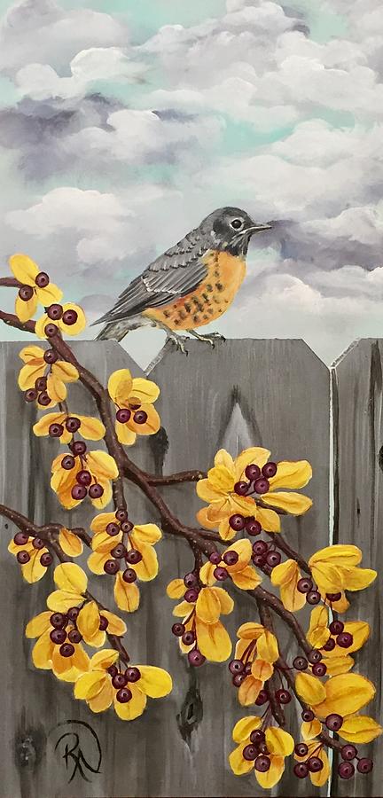 Young Robin in Autumn #1 Painting by Renee Noel
