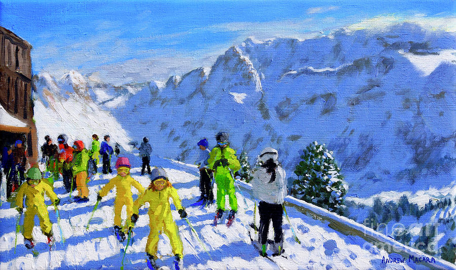 Ski School Painting - Young Skiers In Yellow, Val Gardena, Italy by Andrew Macara Ski School Painting - Young Skiers In Yellow, Val Gardena, Italy by Andrew Macara