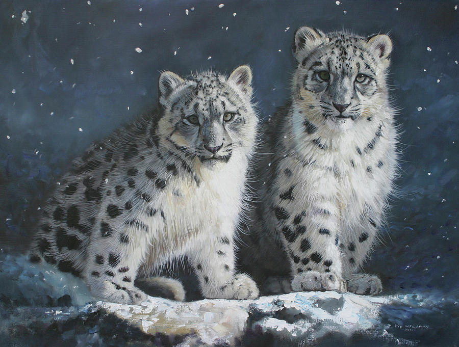 Young Snow Leopards Into The Dark 2011 Painting by Pip Mcgarry