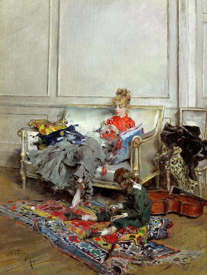 Giovanni Boldini Painting - Young Woman Crocheting, 1875 by Giovanni Boldini