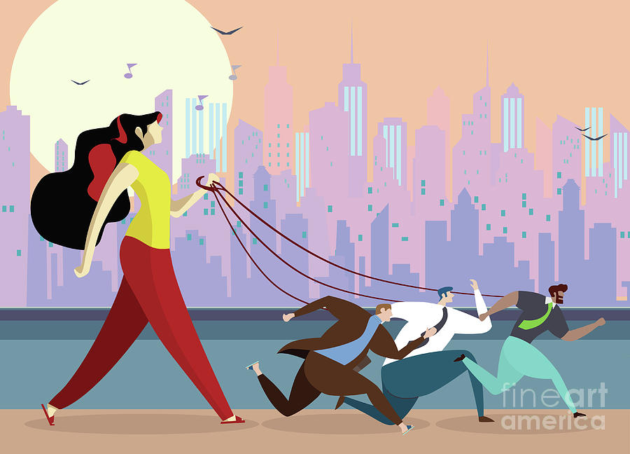 Abstract Digital Art - young woman holding  dog leash. Unhappy businessman oppressed by by Pakpong Pongatichat