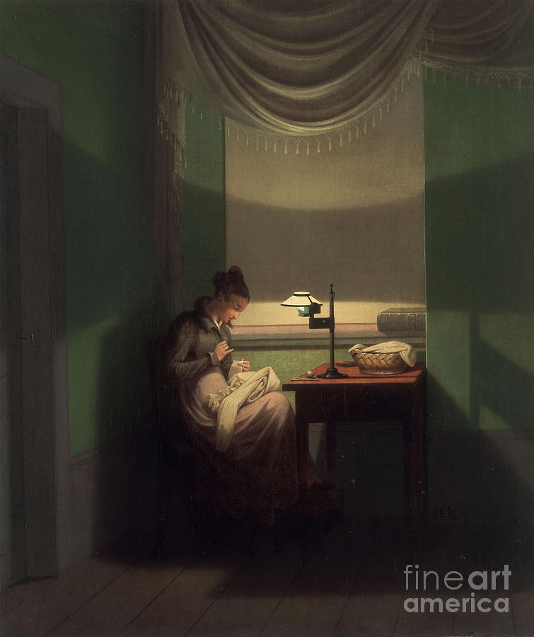 Young Woman Sewing By The Light Drawing by Heritage Images