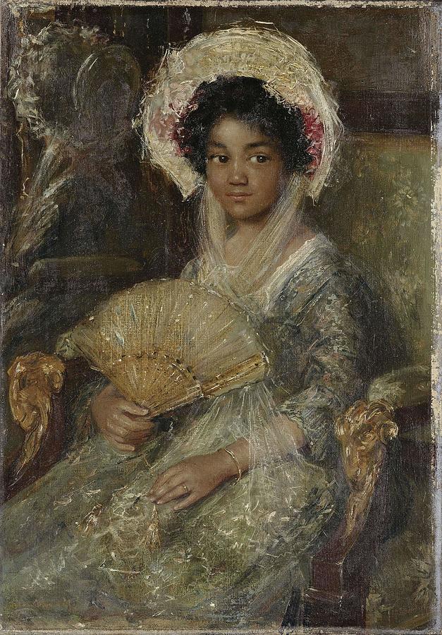Young Woman with a Fan. Painting by Simon Maris -1873-1935- Young Woman with a Fan. Painting by Simon Maris -1873-1935-