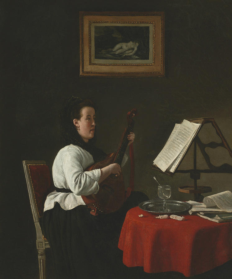 Young Woman with a Mandolin, Portrait of Louison Kohler Painting by Francois Bonvin