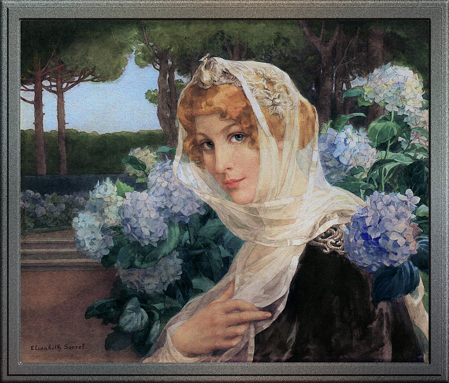 Young Woman with Hydrangeas by Elisabeth Sonrel Painting by Rolando Burbon