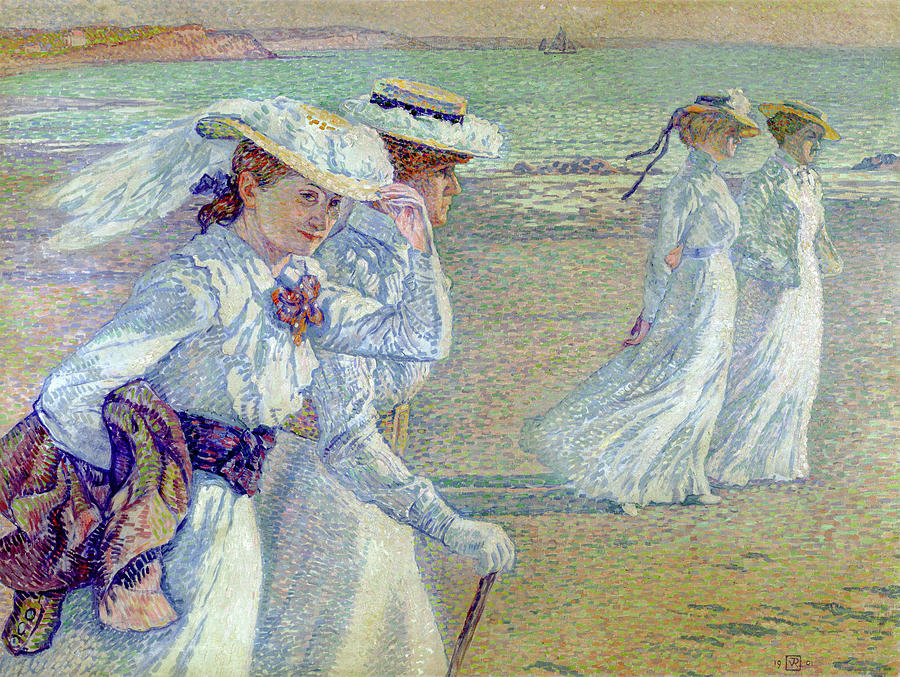 Beach Painting - Young women on the beach by Theo van Rysselberghe