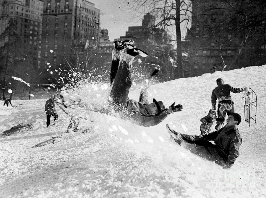 Youngsters Sledding In Central Park At Photograph by New York Daily News Archive