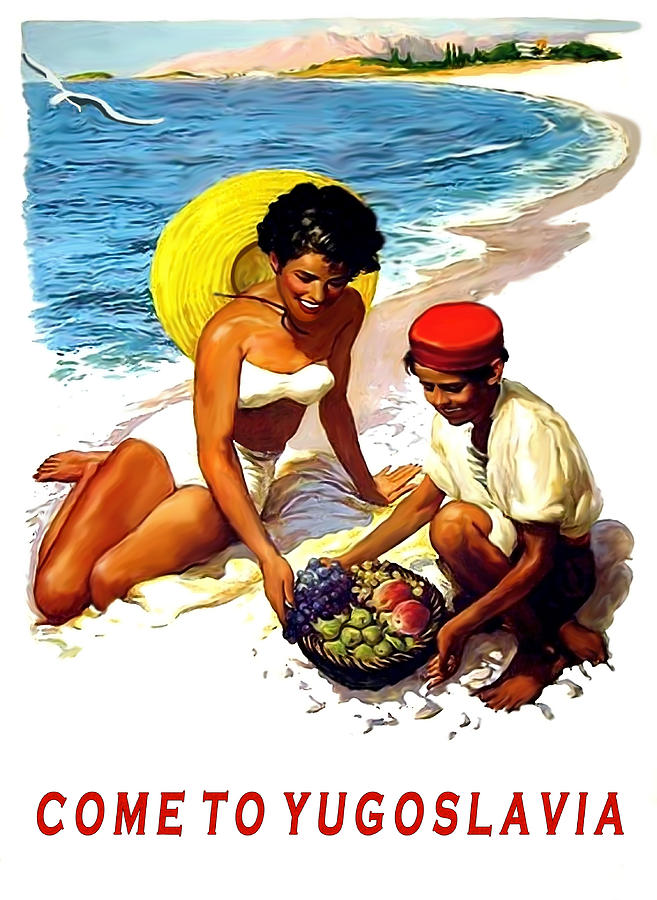 Yugoslavia, woman in bikini buying some fruits from the local kid Painting by Long Shot