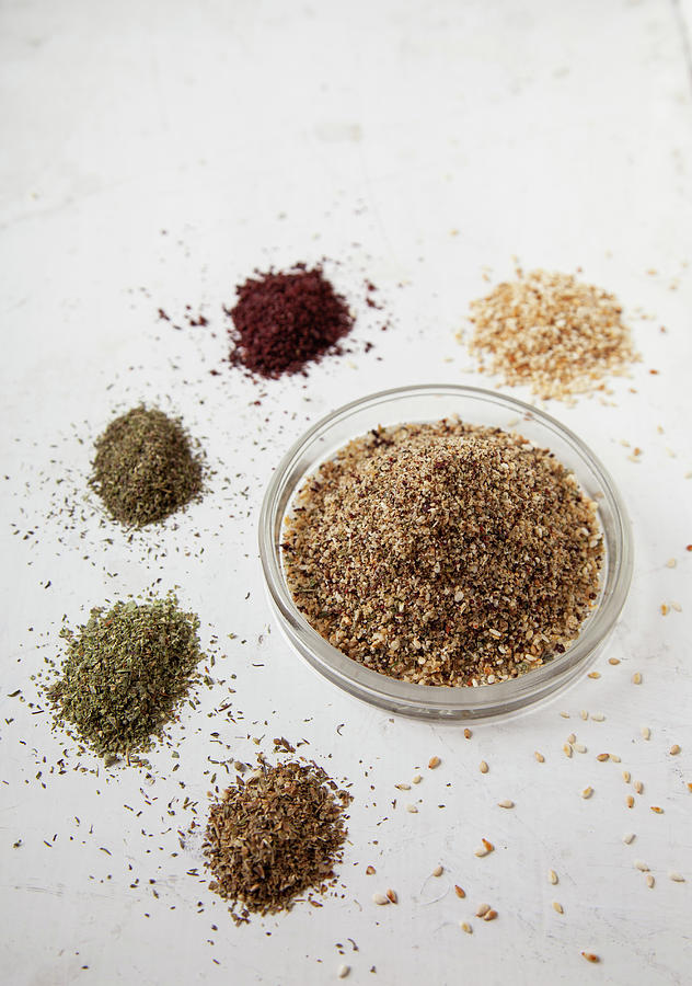 Zaatar Spice Mixture In A Bowl Next To Its Ingredients Photograph by Julia Skowronek