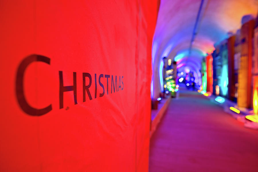 Zagreb advent christmas lights and red sign view Photograph by Brch Photography