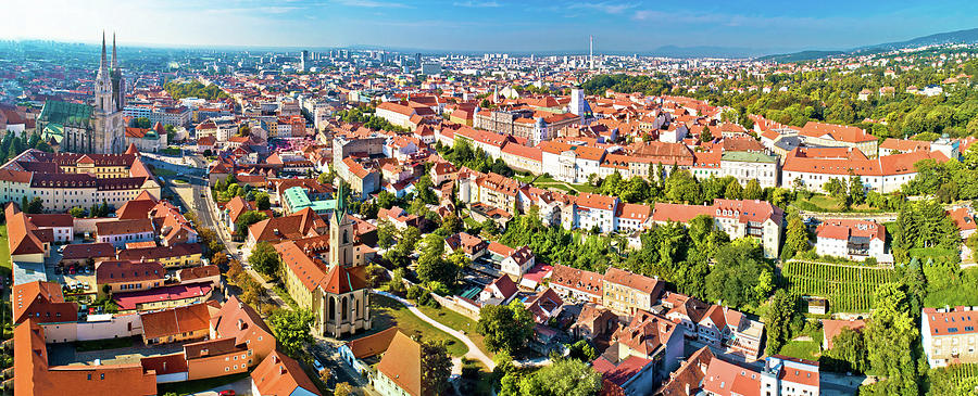 Zagreb cathedral and upper city aerial panoramic view Photograph by Brch Photography