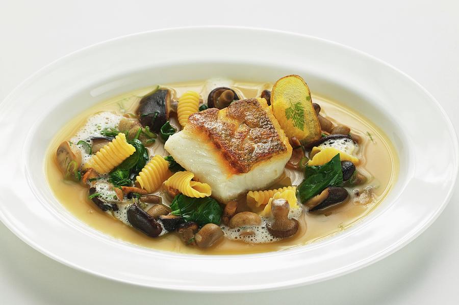 Zander Fillet In A Smoked Mushroom Broth With Spinach And Baby Gnocchi ...