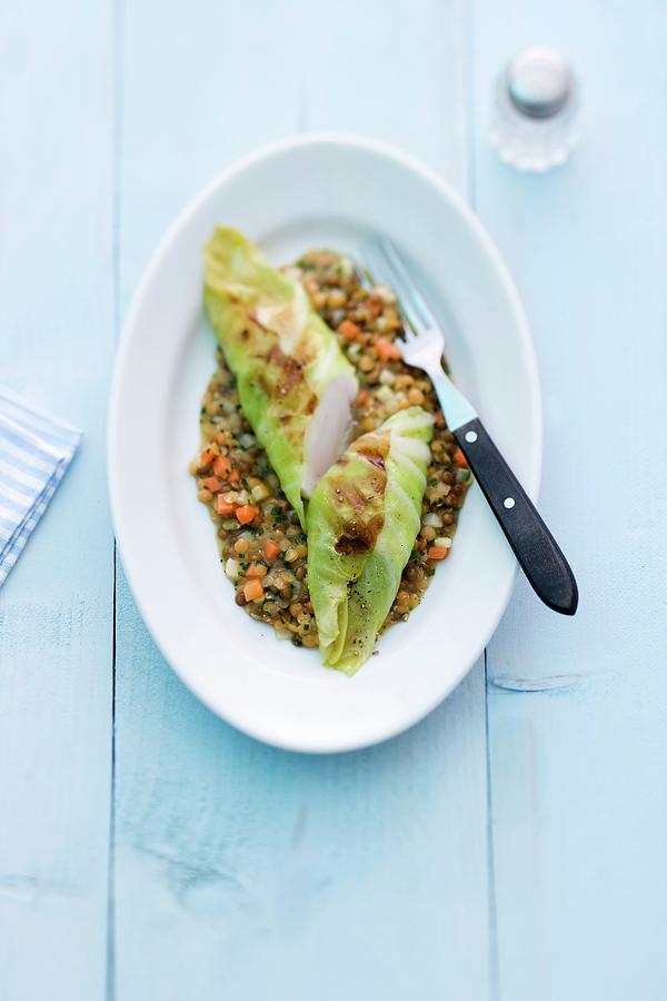 Zander Fillet Wrapped In Pointed Cabbage On A Lentil Medley Photograph by Michael Wissing