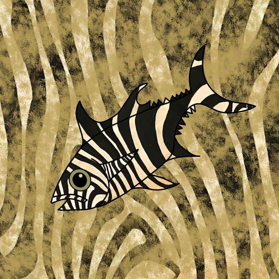 Black And White Zebra Striped Fish Gold Down Mixed Media by Joan Stratton