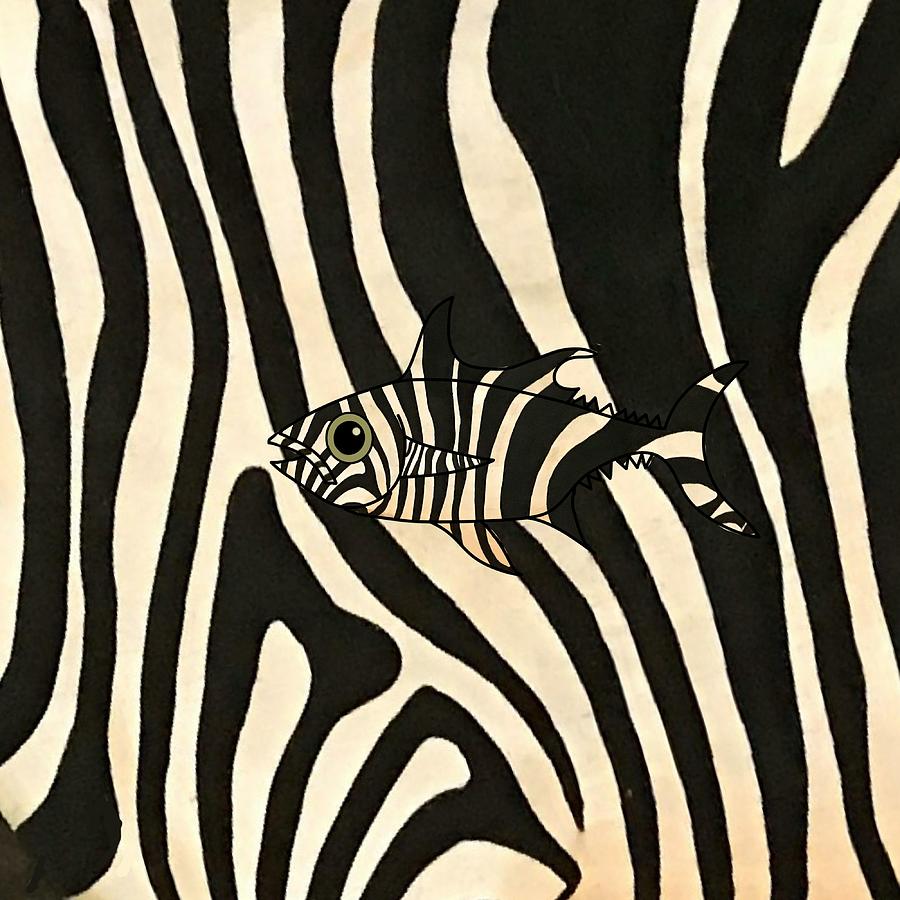 Black And White Striped Zebra Fish Blending In Mixed Media by Joan Stratton