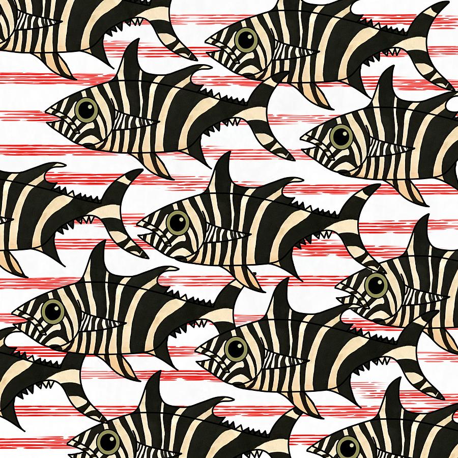 Large Zebra Fish On Red And White Mixed Media by Joan Stratton