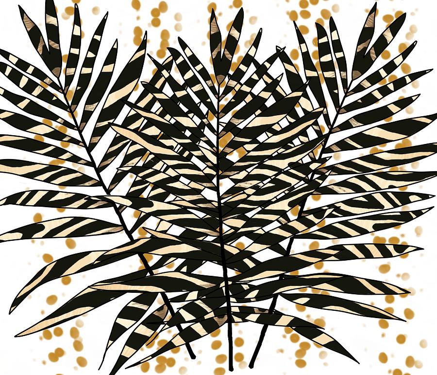Zebra Pattern Palm Leaves with Gold Drawing by Joan Stratton