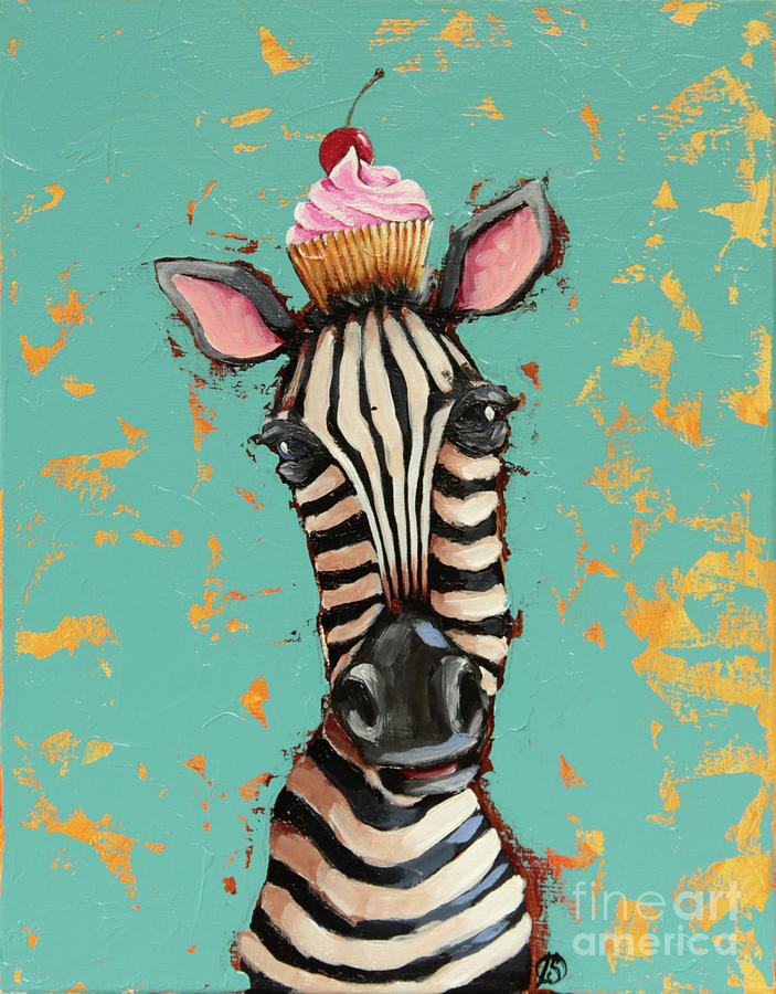 Zebra with Cherry Cupcake Painting by Lucia Stewart